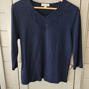 #111 TRADITIONS Beaded V-Neck Long Sleeve Top - Navy SZ MED PTP 22